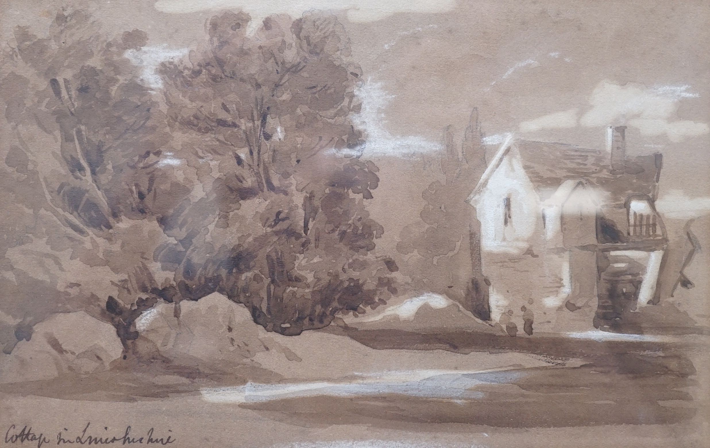Sixth Earl of Essex (1803-1892), Tree lined landscape with farmhouse and figures, pencil and sepia wash, inscribed, 14 x 21.5cm